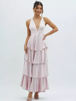 Robe longue à volants et décolleté plongeant pour femme - Robe en satin à dos croisé et volants superposés - Tenue de soirée d'été 2026
