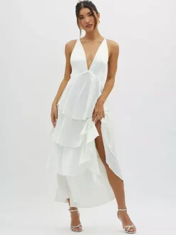 Robe longue à volants et décolleté plongeant pour femme - Robe en satin à dos croisé et volants superposés - Tenue de soirée d'été 2026