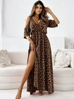 Robe longue asymétrique à col V et manches courtes imprimé animal.