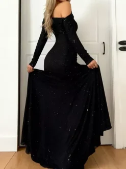 Robe longue asymétrique à paillettes pour femme - Robe noire scintillante fendue jusqu'en haut coupe ajustée - Tenues de gala et de bal de printemps 2026
