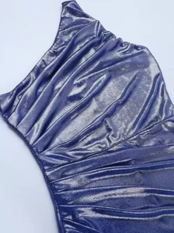 Robe longue asymétrique métallisée pour femme - Robe bleu roi froncée à fente haute et coupe ajustée - Tenue de cocktail printemps 2026
