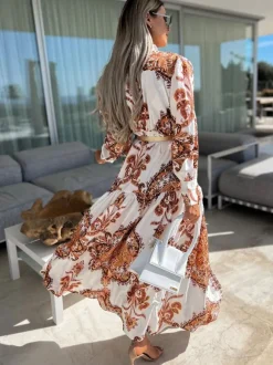 Robe longue baroque à imprimé volutes col en V manches lanternes et fente haute - Idéale pour les invités aux mariages de printemps 2026