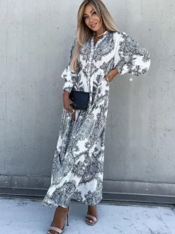 Robe longue baroque à imprimé volutes col en V manches lanternes et fente haute - Idéale pour les invités aux mariages de printemps 2026