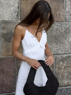 Robe longue blanche 100 % coton pour femme - Bretelles spaghetti buste froncé - Robe de plage sexy à col en V et volants - Collection 2026