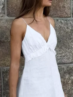 Robe longue blanche 100 % coton pour femme - Bretelles spaghetti buste froncé - Robe de plage sexy à col en V et volants - Collection 2026