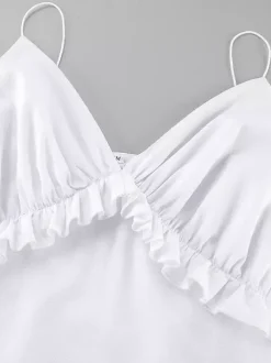 Robe longue blanche 100 % coton pour femme - Bretelles spaghetti buste froncé - Robe de plage sexy à col en V et volants - Collection 2026