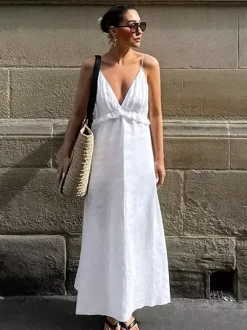 Robe longue blanche 100 % coton pour femme - Bretelles spaghetti buste froncé - Robe de plage sexy à col en V et volants - Collection 2026