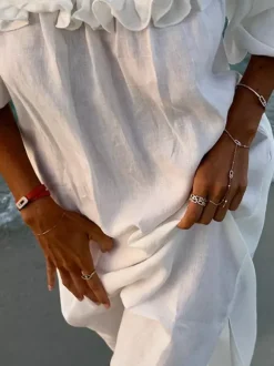 Robe longue blanche à épaules dénudées pour femme - Robe de plage ample en lin et coton style bohème manches lanternes à volants - Vacances d'été 2026