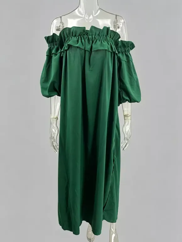 Robe longue blanche à épaules dénudées pour femme - Robe de plage ample en lin et coton style bohème manches lanternes à volants - Vacances d'été 2026