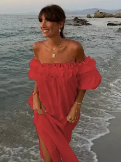 Robe longue blanche à épaules dénudées pour femme - Robe de plage ample en lin et coton style bohème manches lanternes à volants - Vacances d'été 2026