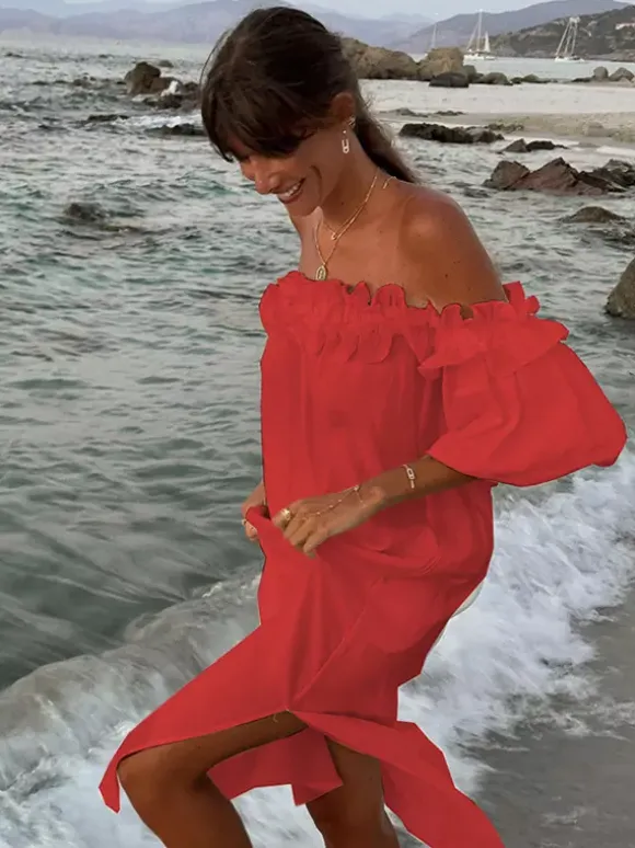 Robe longue blanche à épaules dénudées pour femme - Robe de plage ample en lin et coton style bohème manches lanternes à volants - Vacances d'été 2026