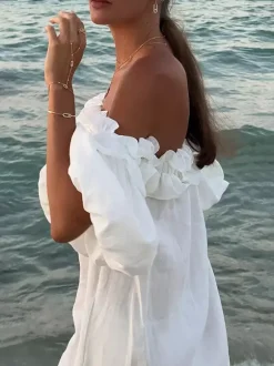 Robe longue blanche à épaules dénudées pour femme - Robe de plage ample en lin et coton style bohème manches lanternes à volants - Vacances d'été 2026