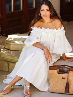 Robe longue blanche à épaules dénudées pour femme - Robe de plage ample en lin et coton style bohème manches lanternes à volants - Vacances d'été 2026
