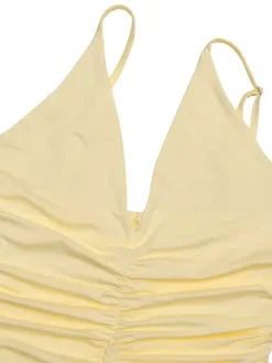 Robe longue blanche crème à col en V et fronces transparentes pour femme style élégant et formel