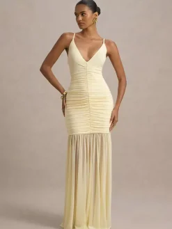 Robe longue blanche crème à col en V et fronces transparentes pour femme style élégant et formel