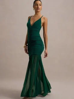 Robe longue blanche crème à col en V et fronces transparentes pour femme style élégant et formel