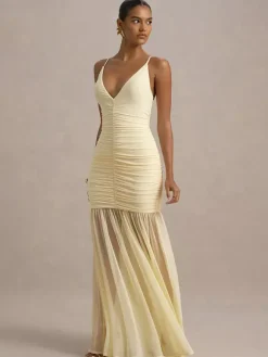 Robe longue blanche crème à col en V et fronces transparentes pour femme style élégant et formel