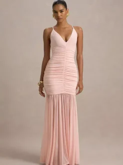 Robe longue blanche crème à col en V et fronces transparentes pour femme style élégant et formel
