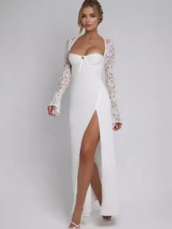 Robe longue blanche moulante sexy à manches longues et fente haute en dentelle pour femme 2026
