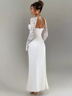 Robe longue blanche moulante sexy à manches longues et fente haute en dentelle pour femme 2026