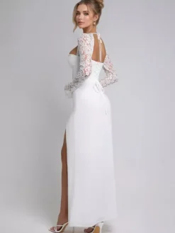 Robe longue blanche moulante sexy à manches longues et fente haute en dentelle pour femme 2026