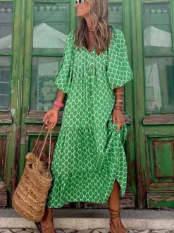 Robe longue bohème à manches lanternes col en V et imprimé floral à volants pour femme - Idéale pour les vacances d'été à la plage 2026