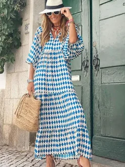 Robe longue bohème à manches lanternes col en V et imprimé floral à volants pour femme - Idéale pour les vacances d'été à la plage 2026