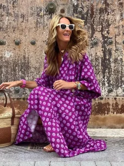 Robe longue bohème à manches lanternes col en V et imprimé floral à volants pour femme - Idéale pour les vacances d'été à la plage 2026