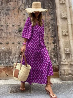 Robe longue bohème à manches lanternes col en V et imprimé floral à volants pour femme - Idéale pour les vacances d'été à la plage 2026