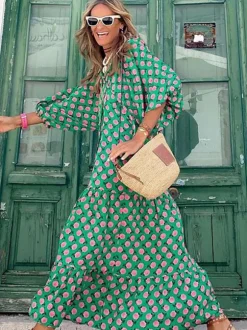Robe longue bohème à manches lanternes col en V et imprimé floral à volants pour femme - Idéale pour les vacances d'été à la plage 2026