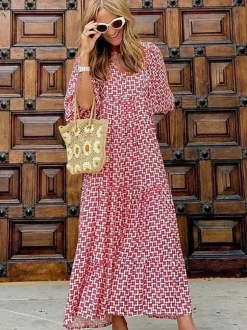 Robe longue bohème à manches lanternes col en V et imprimé floral à volants pour femme - Idéale pour les vacances d'été à la plage 2026