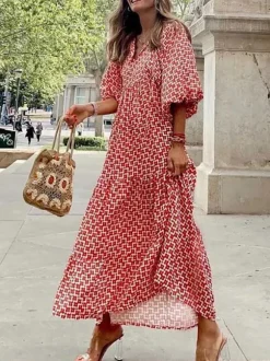 Robe longue bohème à manches lanternes col en V et imprimé floral à volants pour femme - Idéale pour les vacances d'été à la plage 2026