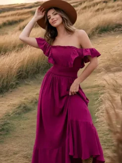 Robe longue bohème à taille smockée pour femme - Robe fluide à volants manches papillon et col carré - Robe d'été pour la plage 2026