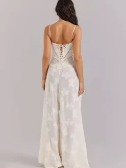 Robe longue bohème en jacquard transparent pour femme - Blanc crème dos lacé coupe ajustée style trapèze fluide à bretelles fines - Idéale pour une soirée d'été à la plage (collection 2026)
