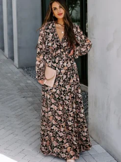 Robe longue bohème fleurie pour femme - Taille haute manches longues col en V à volants - Idéale pour un mariage printanier au jardin (2026)