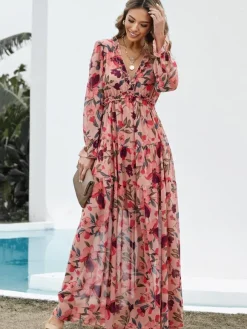 Robe longue bohème fleurie pour femme - Taille haute manches longues col en V à volants - Idéale pour un mariage printanier au jardin (2026)