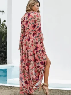 Robe longue bohème fleurie pour femme - Taille haute manches longues col en V à volants - Idéale pour un mariage printanier au jardin (2026)