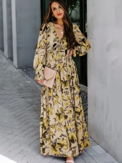 Robe longue bohème fleurie pour femme - Taille haute manches longues col en V à volants - Idéale pour un mariage printanier au jardin (2026)