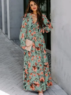 Robe longue bohème fleurie pour femme - Taille haute manches longues col en V à volants - Idéale pour un mariage printanier au jardin (2026)