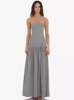 Robe longue bustier à carreaux vichy pour femme - Robe d'été longue bandeau à taille basse - Pique-nique d'été 2026