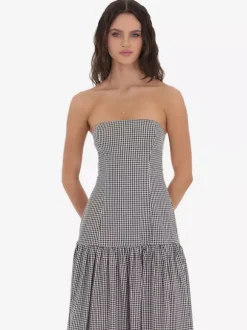 Robe longue bustier à carreaux vichy pour femme - Robe d'été longue bandeau à taille basse - Pique-nique d'été 2026