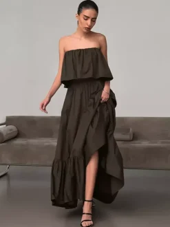 Robe longue bustier 100% coton pour femme tons naturels - Robe d'été sexy à volants et haut tube - Robe longue bohème pour les vacances à la plage 2026