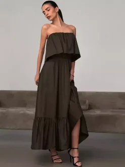 Robe longue bustier 100% coton pour femme tons naturels - Robe d'été sexy à volants et haut tube - Robe longue bohème pour les vacances à la plage 2026