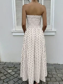 Robe longue bustier bleu marine à pois blancs pour femme taille haute coupe trapèze fluide idéale pour l'été