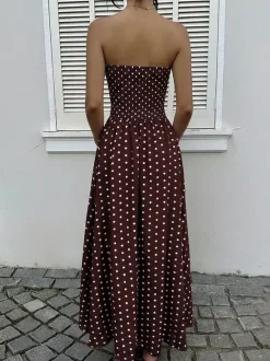 Robe longue bustier bleu marine à pois blancs pour femme taille haute coupe trapèze fluide idéale pour l'été
