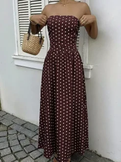 Robe longue bustier bleu marine à pois blancs pour femme taille haute coupe trapèze fluide idéale pour l'été