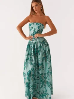 Robe longue bustier imprimée pour femme - Robe d'été bohème bandeau plissée à taille basse - Garden Party d'été 2026