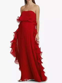 Robe longue bustier plissée pour femme - Robe longue fluide à volants sur le côté - Idéale pour un mariage d'été à la plage (collection 2026)