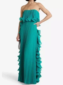 Robe longue bustier plissée pour femme - Robe longue fluide à volants sur le côté - Idéale pour un mariage d'été à la plage (collection 2026)