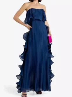 Robe longue bustier plissée pour femme - Robe longue fluide à volants sur le côté - Idéale pour un mariage d'été à la plage (collection 2026)